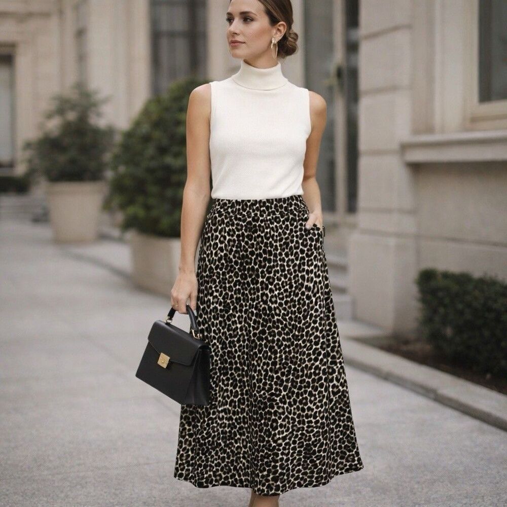 Karen Kane Womens Skirt Small Bias Cut Midi Leopard Animal Print